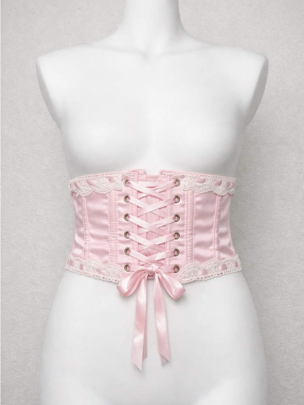 Pink Satin Waist Cincher Corset Lace Trim Adjustable XS